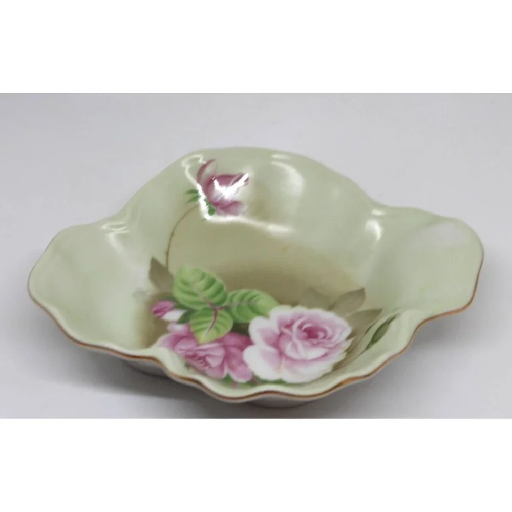 Lefton Bone China Heritage Green Cabbage Rose 1860 Candy Trinket Dish 05862